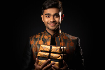 Young man in traditional wear smiling, holding a gift box in hand.