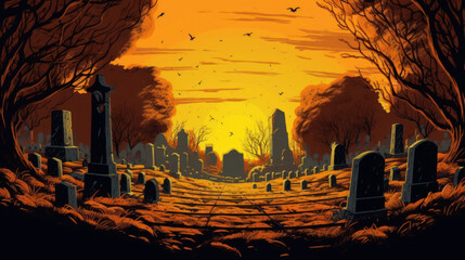 llustration of a cemetery in halloween in vivid yellow tone colors. fear horror