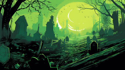 Obraz na płótnie Canvas llustration of a cemetery in halloween in vivid green tone colors. fear horror
