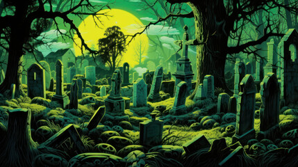 llustration of a cemetery in halloween in vivid green tone colors. fear horror