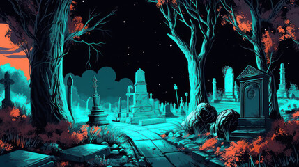 llustration of a cemetery in halloween in vivid cyan tone colors. fear horror