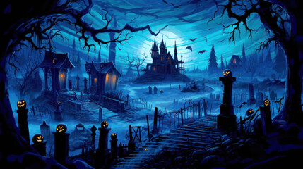 llustration of a cemetery in halloween in vivid blue tone colors. fear horror