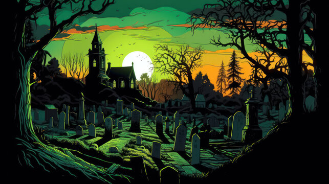 llustration of a cemetery in halloween in vivid lime tone colors. fear horror
