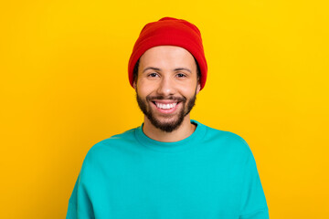 Fototapeta premium Portrait of nice cheerful glad person beaming toothy smile good mood isolated on bright yellow color background