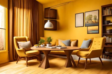 A cozy reading nook with two comfortable chairs and a wooden table on a warm yellow wall.