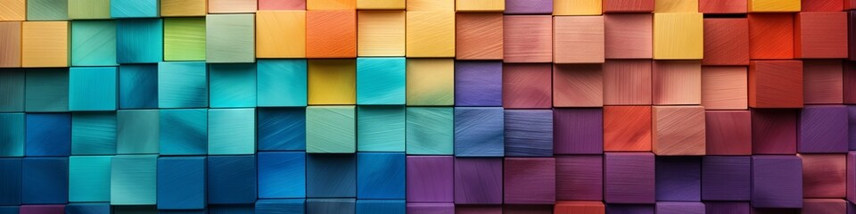 Colorful spectrum of wooden blocks in a chaotic pattern for use as background - obrazy, fototapety, plakaty