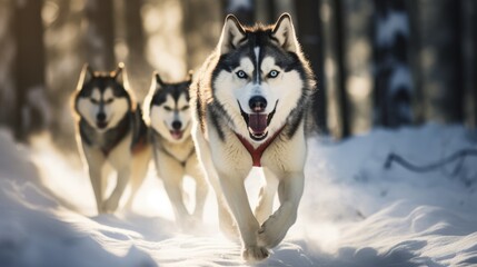 Huskey dogs running in a pack in the snow