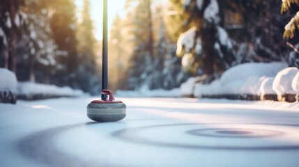 Curling stone on the ice with handle for winter sports - obrazy, fototapety, plakaty