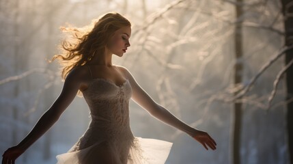 A delicate female ballerina dancing in the winter snow - obrazy, fototapety, plakaty