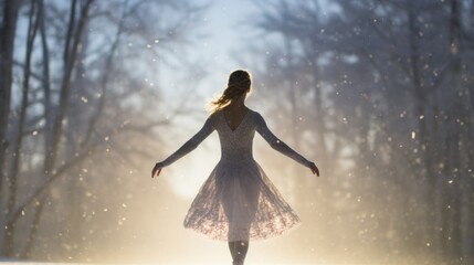 A delicate female ballerina dancing in the winter snow