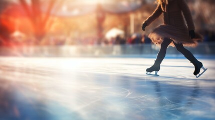 figure skater on the ice with ice skates during the cold winter holidays - obrazy, fototapety, plakaty