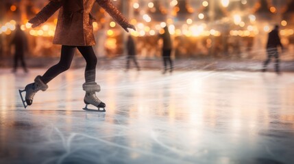 figure skater on the ice with ice skates during the cold winter holidays - obrazy, fototapety, plakaty