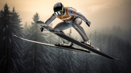 Action shot of a winter skier skiing in the powder snow on the mountain slope