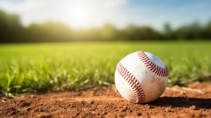 Baseball lying in the grass of a baseball diamond outfield - obrazy, fototapety, plakaty