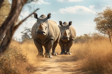 Two white rhinoceros walking on dirt road in Kruger National park, South Africa ; Specie Ceratotherium simum family of Rhinocerotidae - obrazy, fototapety, plakaty