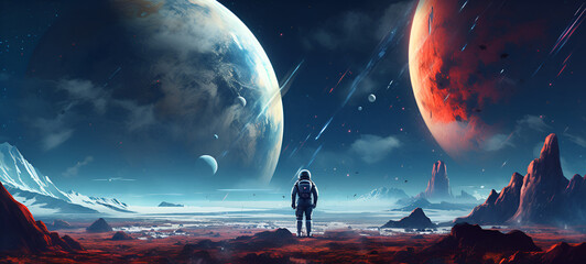 An astronaut stands on the surface of the moon Alien planet with multiple moons and a towering mountain range. AI Generative