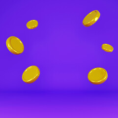 Gold coins fall down. Symbol of wealth and prosperity. Colorful blue wallpaper. Trendy illustration design. 3d rendering.