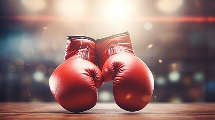 A pair of red boxing gloves lying in the boxing ring