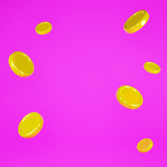 Gold coins fall down. Symbol of wealth and prosperity. Colorful pink wallpaper. Trendy illustration design. 3d rendering.