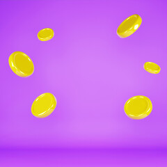 Gold coins fall down. Symbol of wealth and prosperity. Colorful wallpaper. Trendy illustration design. 3d rendering.