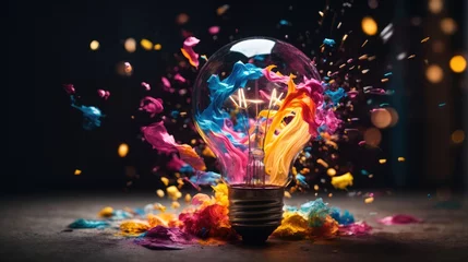 Fotobehang Colorful Brainstorm Creative Light Bulb Explodes with colorful paint and colors © Stefano