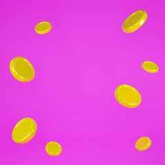Gold coins fall down. Symbol of wealth and prosperity. Colorful pink wallpaper. Trendy illustration design. 3d rendering.