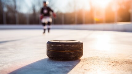 hockey puck on the ice on a winter afternoon with a hockey player in the blurred background - obrazy, fototapety, plakaty