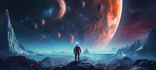 Astronaut in space on alien planet A man stands on a cliff looking at a planet with the stars in...