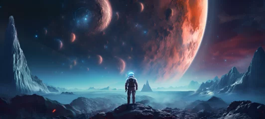 Foto op Canvas Astronaut in space on alien planet A man stands on a cliff looking at a planet with the stars in the sky The earth from the movie. AI Generative © kalsoom