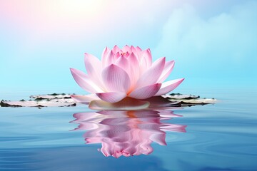 close-up the pink lotus flower on the lake with reflection