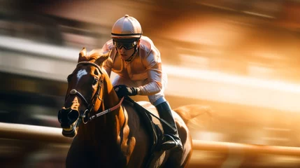 Fotobehang Jockey riding a racing horse galloping on the track © Brian