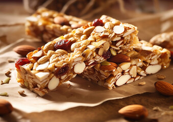 Homemade organic granola protein bar with oats and seeds for breakfast on table.Macro.AI Generative - obrazy, fototapety, plakaty