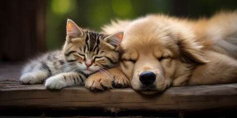 Kitty cat and puppy dog napping together asleep