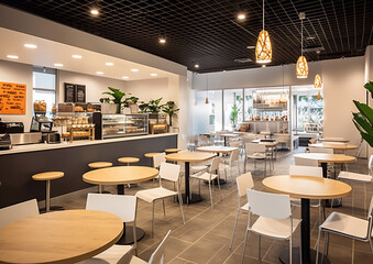 Fast food and snack cafeteria cafe with modern interior style.Empty.AI Generative