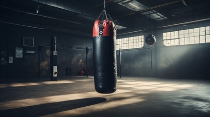 Empty boxing gym with punching bag for fitness workout - Powered by Adobe