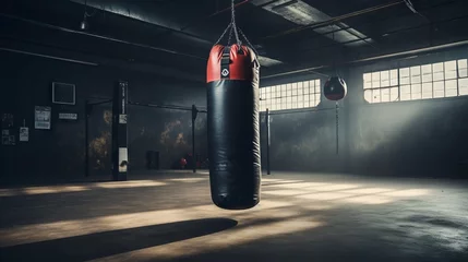 Fotobehang Empty boxing gym with punching bag for fitness workout © Brian
