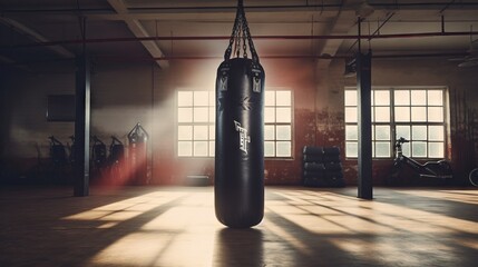Empty boxing gym with punching bag for fitness workout