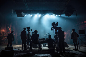 Silhouette people working in studio with equipment and lighting for making movie or commercial