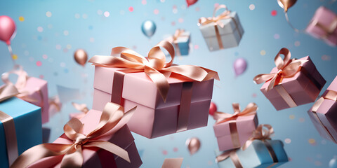 A lot of Falling gift boxes decorated with ribbon on blurred shiny background, flying gifts backdrops, great for Christmas season, reward event and shopping concept design 