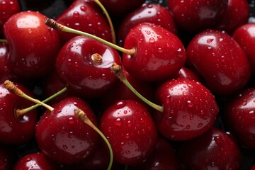 Cherries with water drops close-up as background, top view. Healthy dieting concept