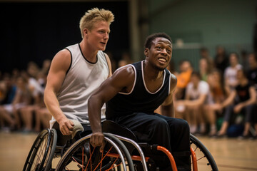 Wheelchair basketball, disabled athletes in action playing indoor basketball on a basketball court