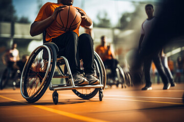 Disabled athlete with a basketball in his hand training in the basketball hall, wheelchair basketball