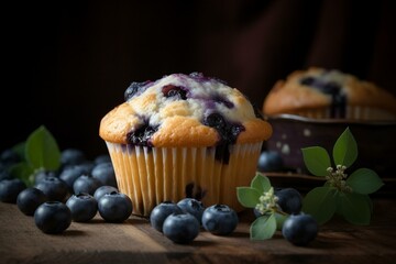Scrumptious muffin, blueberries, background. Generative AI