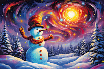 colorful illustration of a snowman in the snow, in a magical fantasy forest, winter art