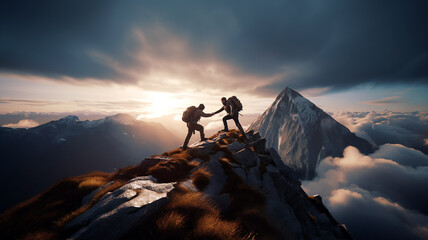 A hiker man helping his friend to reach the top of the hill in a mountain. Success concept. Wilderness photograph generated by AI tools. - obrazy, fototapety, plakaty