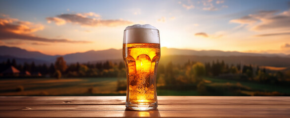 A mug full of beer and foam on a wooden table against a panoramic background of sunset scene in the mountains. Wide scale image created by Generative AI