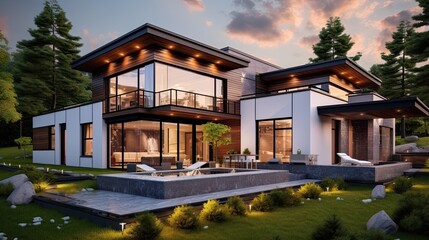 front view Luxurious new construction home. Dream Home, Luxury House, Success - obrazy, fototapety, plakaty