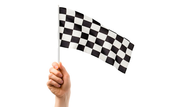hand holding a checkered flag isolated on transparent background
