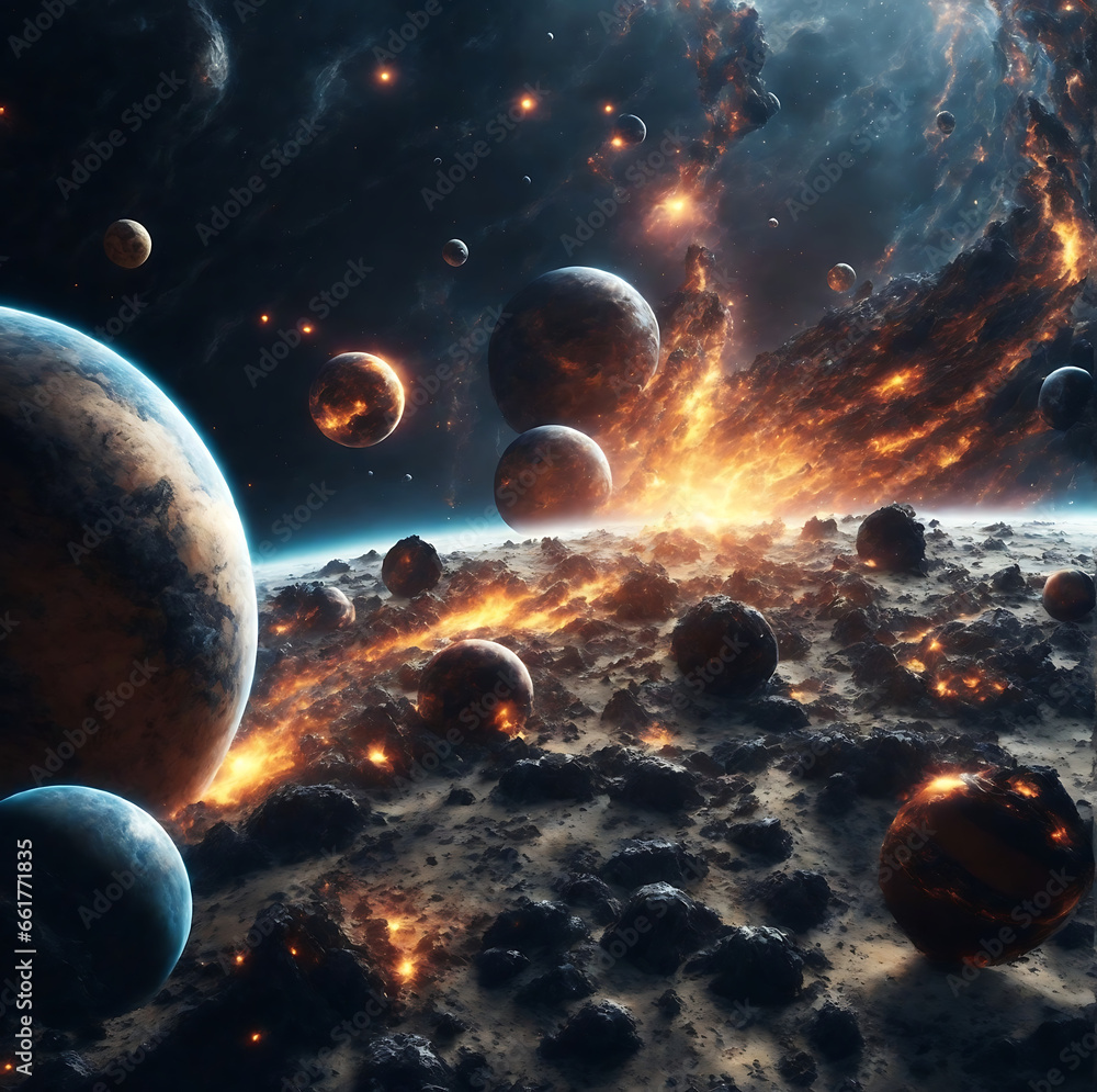 Wall mural planetary collisions and explosions in space. generative ai