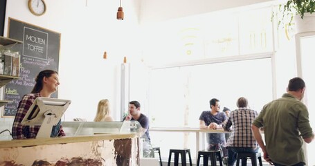 Coffee shop, purchase and barista service for customer by a waitress with espresso for consumer in a cafe or small business. Server, restaurant and employee with latte, cappuccino or drink in store